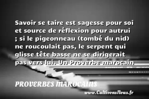 Savoir se taire est sagesse pour soi et source de réflexion pour autrui ; si le pigeonneau (tombé du nid) ne roucoulait pas, le serpent qui glisse tête basse ne se dirigerait pas vers lui. Un Proverbe marocain PROVERBES MAROCAINS